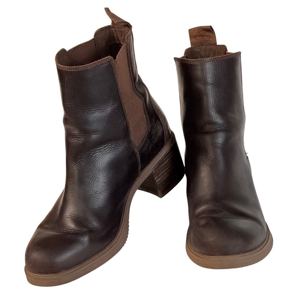 Timberland Womens 7.5 Brown Leather Chelsea Ankle Boots Block Heel ReBOTL Casual